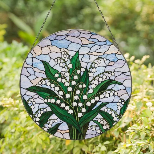 Nature Lovers' Tiffany Style Stained Glass Lily of the Valley Emerald Green Sky Blue Floral Mosaic Art Stained Glass Suncatcher