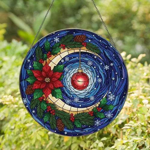 Holiday Decor Lovers' Tiffany Stained Glass Festive Crescent Moon Poinsettia Holly Winter Sky Pattern Stained Glass Suncatcher
