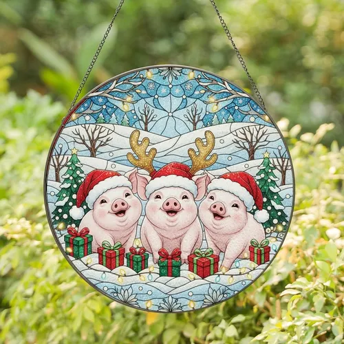 Christmas Enthusiasts' Glowing Tiffany Stained Glass Piglets Red Green Gold Winter Mosaic Pattern Stained Glass Suncatcher