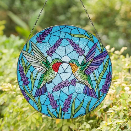 Nature Lovers' Vibrant Stained Glass Hummingbird Embrace, Ruby Emerald Orange Purple Jewel Tones, Lavender & Mosaic Sky Art Stained Glass Suncatcher