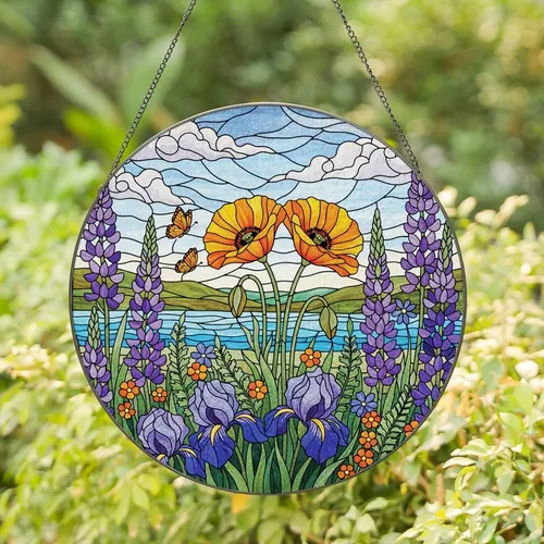 Nature Lovers' Vibrant Tiffany Stained Glass Poppies Lupines Irises Mosaic Landscape Stained Glass Suncatcher