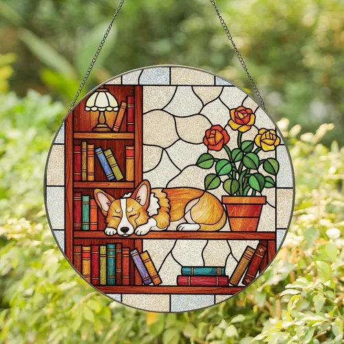 Corgi Lovers' Stained Glass Sleeping Corgi Bookshelf Roses Tiffany Style Jewel Tones Mosaic Stained Glass Suncatcher