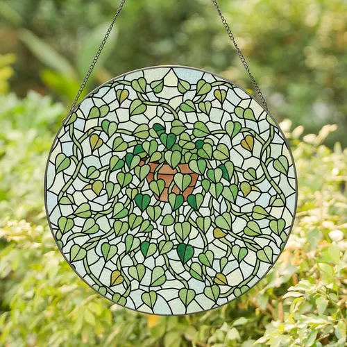 Plant Lovers' Cascading Pothos Plant Tiffany Stained Glass Emerald Amber Light Green Geometric Mosaic Stained Glass Suncatcher