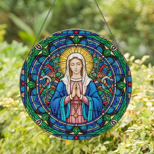 Devotional Art Lovers' Tiffany Stained Glass Virgin Mary Gold Rosary Vibrant Blue Rose-Pink Mosaic Stained Glass Suncatcher