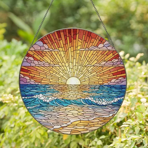 Nature Lovers' Vibrant Tiffany Stained Glass Sunrise Ocean Waves & Sandy Beach Jewel Tones Stained Glass Suncatcher