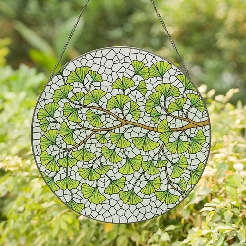 Art Lovers' Glowing Edge-to-Edge Stained Glass Ginkgo Leaf Mosaic Emerald Green Yellow Teal Stained Glass Suncatcher