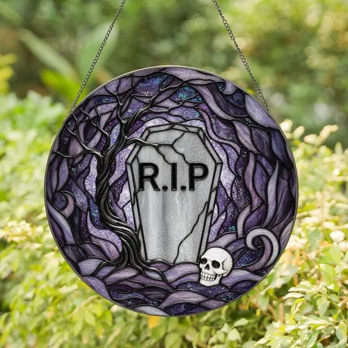 Gothic Art Enthusiasts' Tiffany Stained Glass RIP Tombstone Skull Mystical Mist Iridescent Purple Green Stained Glass Suncatcher