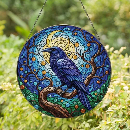 Nature & Fantasy Art Lovers' Vibrant Stained Glass Raven Iridescent Feather Celestial Moon Mosaic Stained Glass Suncatcher