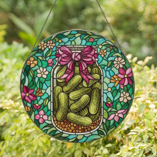 Art Lovers' Tiffany Stained Glass Pickle Jar Gherkins Emerald Green Magenta Mosaic Stained Glass Suncatcher
