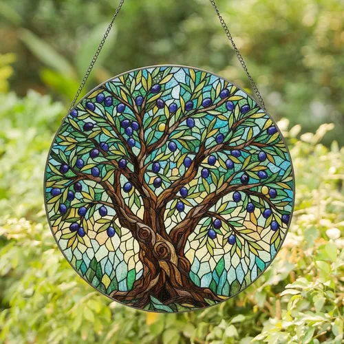 Art Lovers' Tiffany Style Jewel Tone Stained Glass Olive Tree Emerald Blue Yellow Mosaic Design Stained Glass Suncatcher