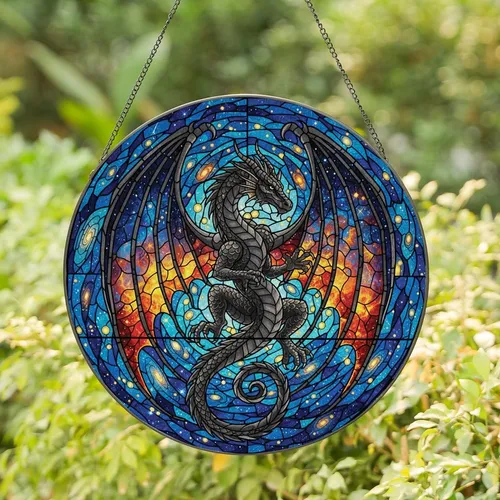 Fantasy Art Lovers' Majestic Dark Gray Dragon Stained Glass Cosmic Nebula Galaxy Art Jewel Tones Deep Blue Orange Stained Glass Suncatcher