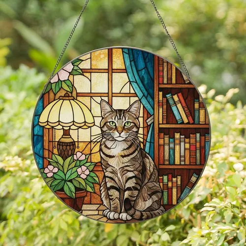 Cat Lovers' Jewel-Tone Stained Glass Tabby Cat Teal Blue & Yellow Interior Mosaic Art Stained Glass Suncatcher