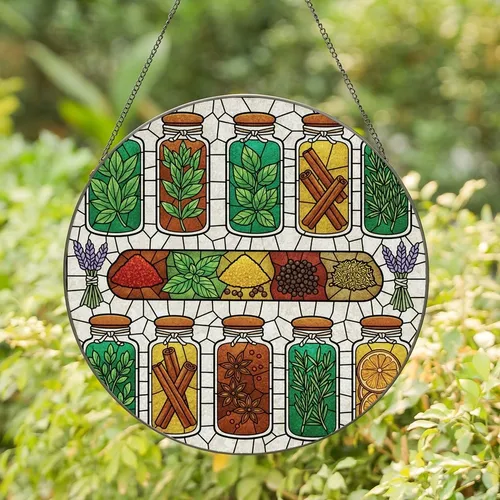 Botanical Art Lovers' Intricate Stained Glass Dried Herbs & Spices Jars, Emerald Green, Earthy Brown, Soft Lavender, Sunny Orange Mosaic Stained Glass Suncatcher