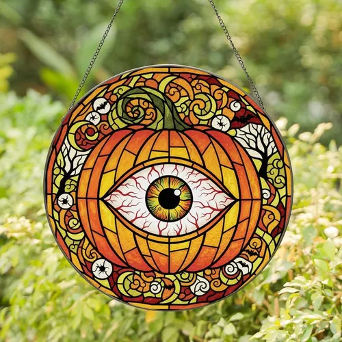 Halloween Enthusiasts' Tiffany Stained Glass Eyeball Pumpkin Bloodshot Jewel Tone Art Stained Glass Suncatcher
