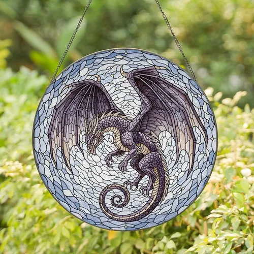 Fantasy Art Lovers' Majestic Tiffany Style Dragon Deep Purple Lavender Celestial Art Stained Glass Suncatcher