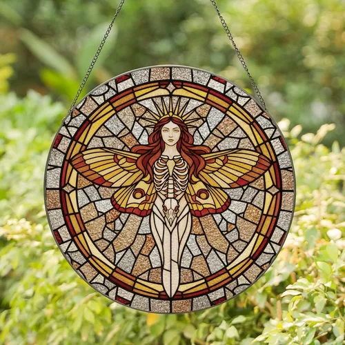 Fantasy Art Lovers' Regal Tiffany Stained Glass Moth Goddess Gold Orange Geometric Mosaic Artwork Stained Glass Suncatcher