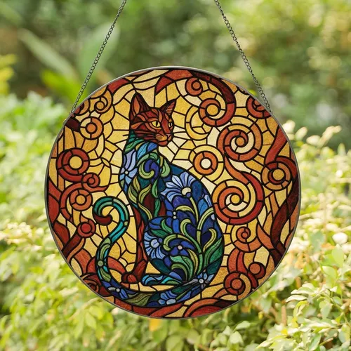 Cat Lovers' Elegant Tiffany Stained Glass Cat Sapphire Blue Floral Golden Amber Mosaic Stained Glass Suncatcher
