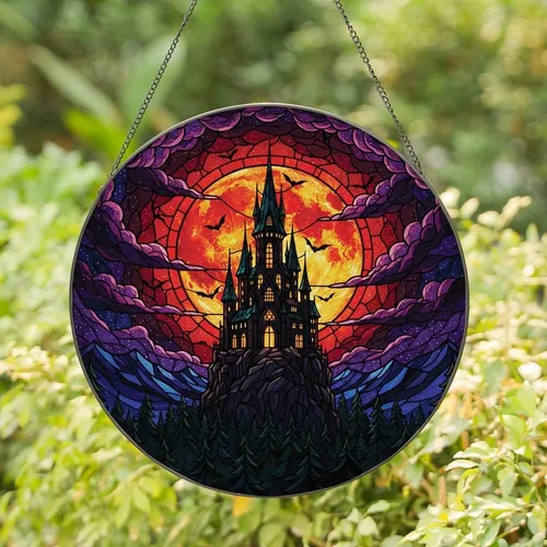 Fantasy Art Enthusiasts' Dramatic Gothic Castle Stained Glass Fiery Moon Bats Design Stained Glass Suncatcher