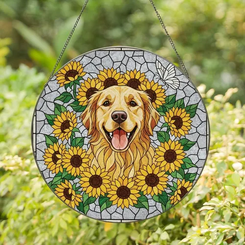 Golden Retriever Owners' Vibrant Jewel Tone Tiffany Glass Sunflower Wreath Mosaic Art Stained Glass Suncatcher