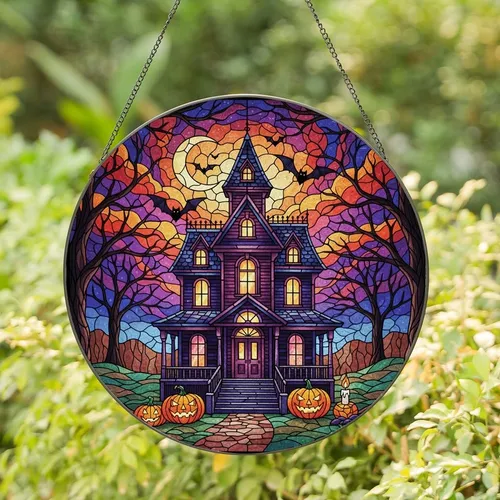 Halloween Enthusiasts' Vibrant Stained Glass Victorian Haunted Mansion Jack-o'-Lanterns Bats Moonlit Jewel Tones Stained Glass Suncatcher