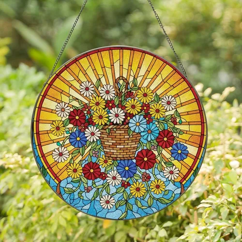 Nature Lovers' Vibrant Tiffany Stained Glass Daisy Basket Sun Ray Floral Art Stained Glass Suncatcher