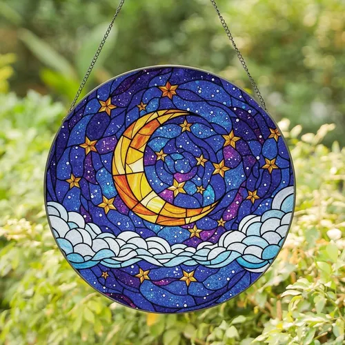 Celestial Art Lovers' Vibrant Tiffany Stained Glass Golden Moon Starry Night Sky Mosaic Stained Glass Suncatcher