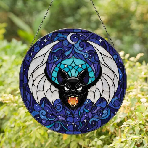 Halloween Lovers' Tiffany Stained Glass Angry Bat Teal Iridescent Wings Deep Blue Purple Celestial Mosaic Stained Glass Suncatcher