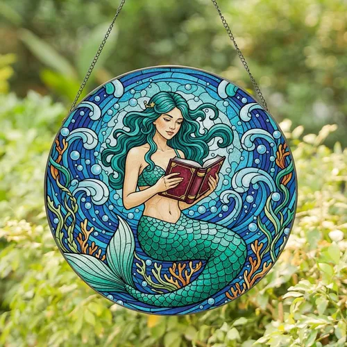 Fantasy Art Lovers' Tiffany Stained Glass Mermaid Reading Book Teal Emerald Ocean Mosaic Stained Glass Suncatcher