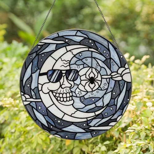 Gothic Style Enthusiasts' Tiffany Stained Glass Skull Moon Dark Sunglasses Spider Opalescent Celestial Mosaic Stained Glass Suncatcher