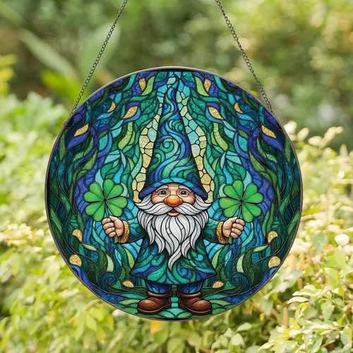 Fantasy Art Lovers' Whimsical Stained Glass Gnome with Clovers, Jewel Tone Blue Green Mosaic Stained Glass Suncatcher