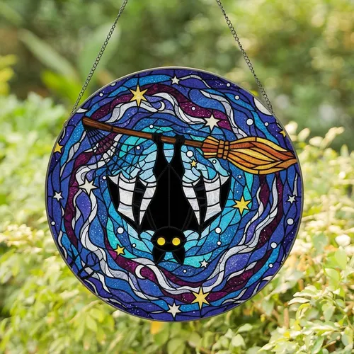 Gothic Art Lovers' Tiffany Stained Glass Cosmic Bat & Witch's Broom Pattern with Yellow Eyes Stained Glass Suncatcher