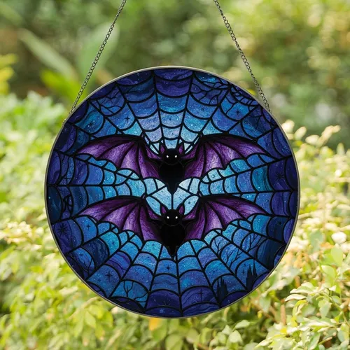 Gothic Art Admirers' Tiffany Stained Glass Bats Spiderweb Night Sky Mosaic Purple Blue Teal Stained Glass Suncatcher