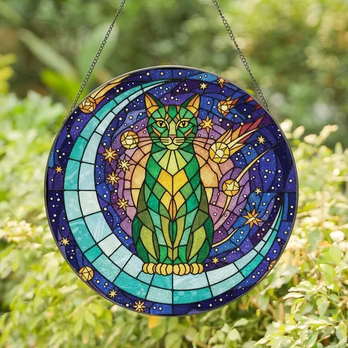 Cat Lovers' Intricate Stained Glass Celestial Cat & Moon Jewel Tones Design Stained Glass Suncatcher
