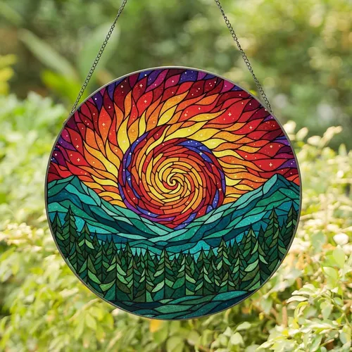 Nature Lovers' Tiffany Stained Glass Cosmic Vortex Mountain Sunset Forest Jewel Tone Blue Orange Purple Art Stained Glass Suncatcher
