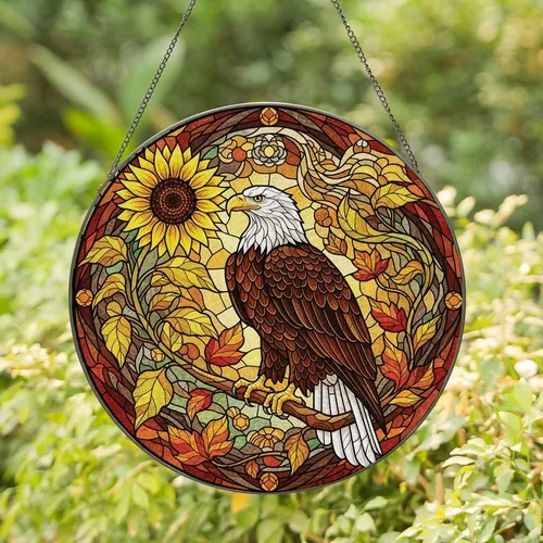 Nature Art Lovers' Tiffany Style Stained Glass Majestic Eagle Golden Yellow Orange Autumn Mosaic Stained Glass Suncatcher