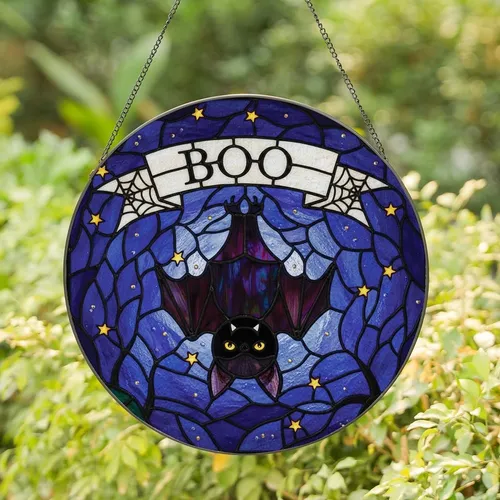 Spooky Art Enthusiasts' Whimsical Bat 'BOO' Stained Glass Tiffany Jewel Tone Deep Purple Orange Stained Glass Suncatcher