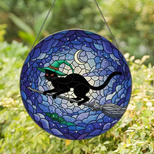Cat Lovers' Tiffany Stained Glass Black Cat Flying Broom Mystical Night Sky Mosaic Jewel Tones Stained Glass Suncatcher