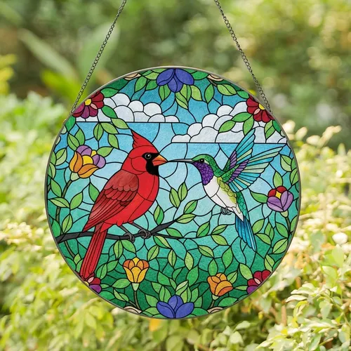 Nature Lovers' Vibrant Stained Glass Red Cardinal Hummingbird Jewel Tone Mosaic Stained Glass Suncatcher