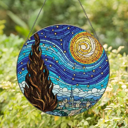 Art Enthusiasts' Jewel Tone Stained Glass Cypress Moon Starry Village Mosaic Stained Glass Suncatcher