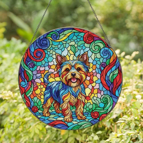 Yorkshire Terrier Lovers' Cheerful Yorkie Vibrant Tiffany Stained Glass Jewel Tone Mosaic Stained Glass Suncatcher