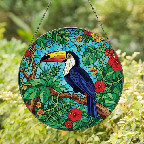 Tropical Enthusiasts' Vibrant Toucan Intricate Stained Glass Tiffany Style Tropical Jungle Jewel Tone Mosaic Stained Glass Suncatcher