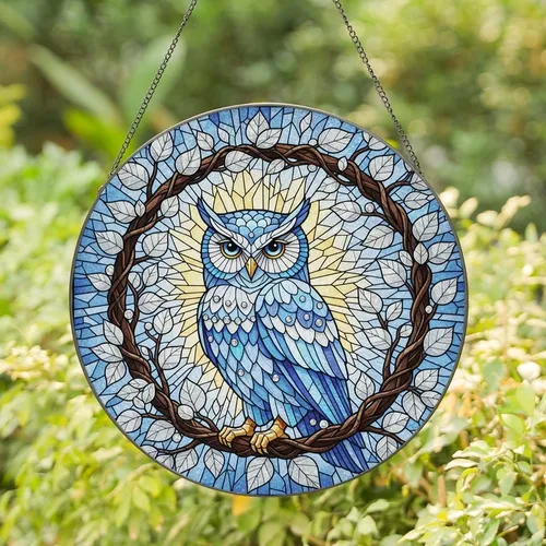 Nature Lovers' Sapphire Blue Owl Tiffany Stained Glass Mosaic Forest Canopy Stained Glass Suncatcher