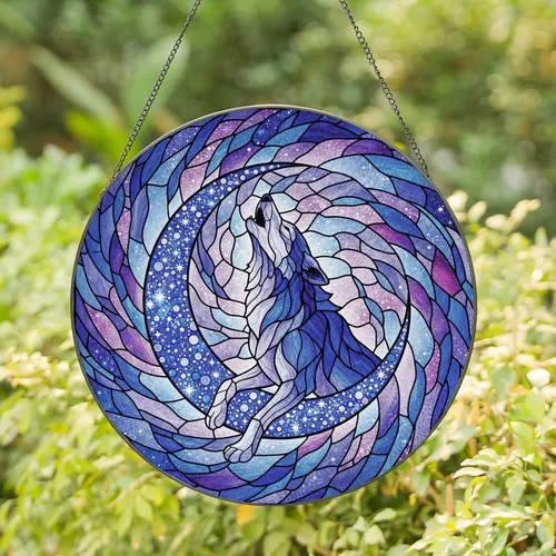 Celestial Dreamers' Vibrant Tiffany Stained Glass Howling Wolf Moon Galaxy Nebula Stained Glass Suncatcher