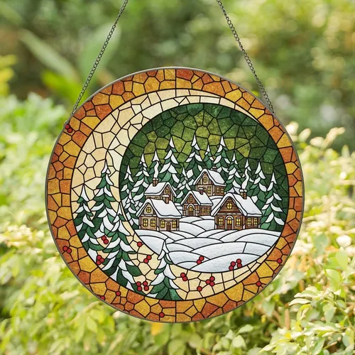 Art Lovers' Intricate Tiffany Stained Glass Winter Village Moon Amber Green Red Stained Glass Suncatcher