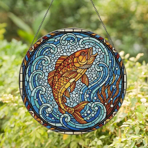 Aquatic Art Lovers' Detailed Stained Glass Leaping Fish Mosaic, Jewel Tone Orange Blue Gold Tiffany Style Stained Glass Suncatcher