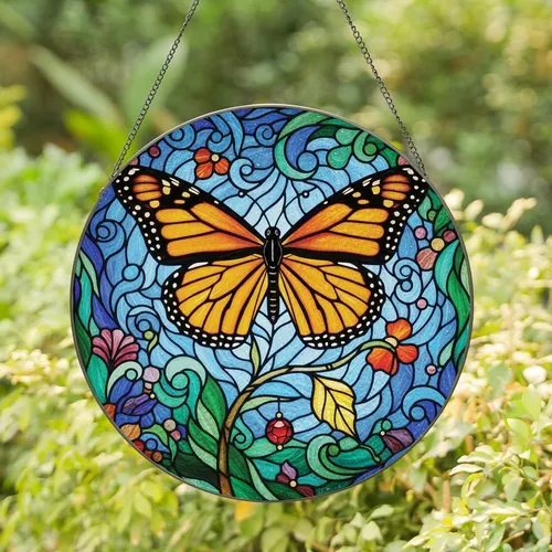 Nature Lovers' Vibrant Monarch Butterfly Tiffany Stained Glass Mosaic Art with Ruby Red & Golden Accents Stained Glass Suncatcher