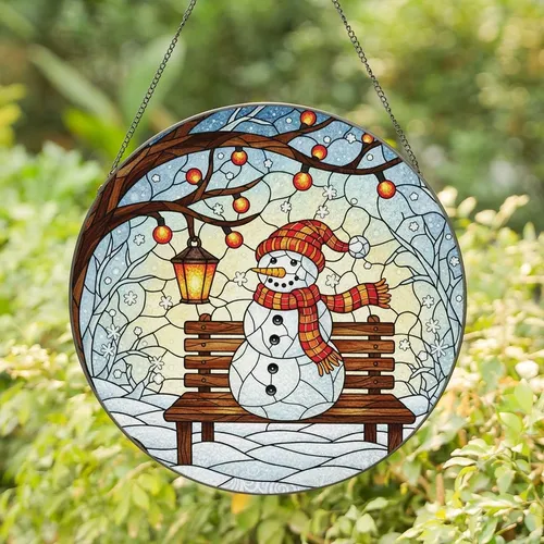 Holiday Enthusiasts' Cheerful Snowman Tiffany Stained Glass Winter Mosaic Red Orange Yellow Stained Glass Suncatcher