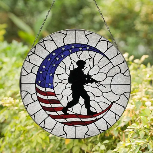 Art & Design Enthusiasts' Stained Glass Dynamic Silhouette Crescent Moon Star Field Red White Blue Pattern Stained Glass Suncatcher