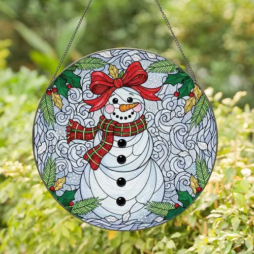 Holiday Enthusiasts' Cheerful Tiffany Stained Glass Snowman Holly Pine Mosaic Stained Glass Suncatcher