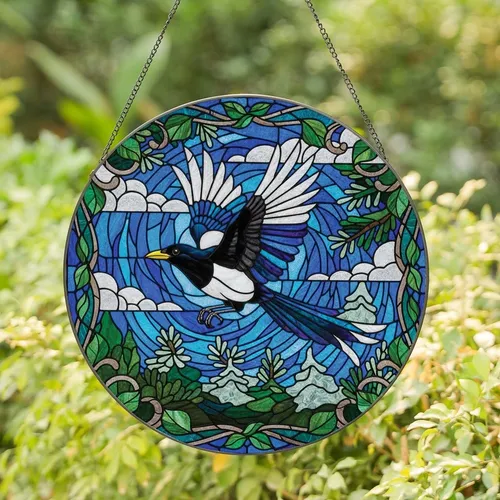 Art Lovers' Tiffany-Style Stained Glass Magpie in Flight, Jewel Tone Mosaic Sky & Metallic Scrolls Stained Glass Suncatcher